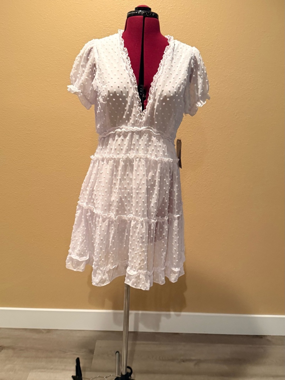 Justify White Swiss Dot Tiered V-Neck Mini Dress
